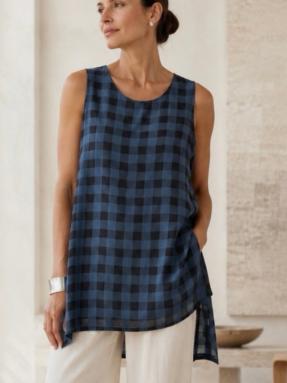 Eileen Fisher NEW Buffalo Check Printed Silk Tank